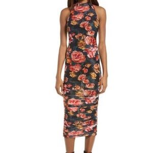 SNDYS Mesh dress Ruched Floral Sleevless Midi stretch NEW Small